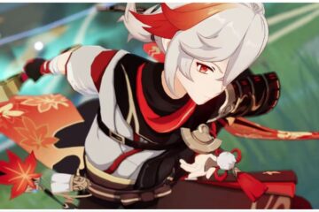 feature image for our kazuha weapon tier list, the image features a screenshot of the character from genshin impact as he holds his sword behind his back with autumn leaves surrounding him