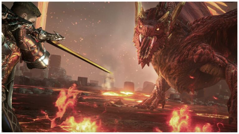 feature image for our king arthur: legends rise tier list, the image features a promo screenshot of king arthur holding his sword out towards a roaring dragon, they are both surrounded by fire on the ground