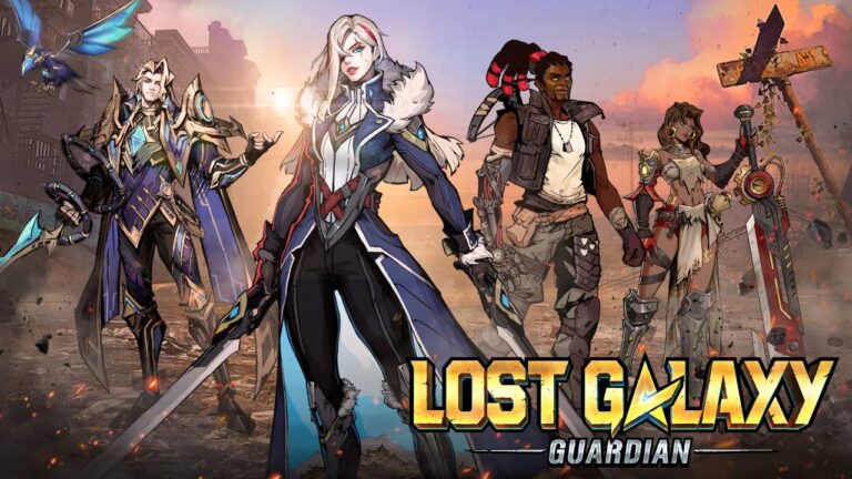 Feature image for Lost Galaxy: Guardian. It shows four armed characters in the wreckage of a town.