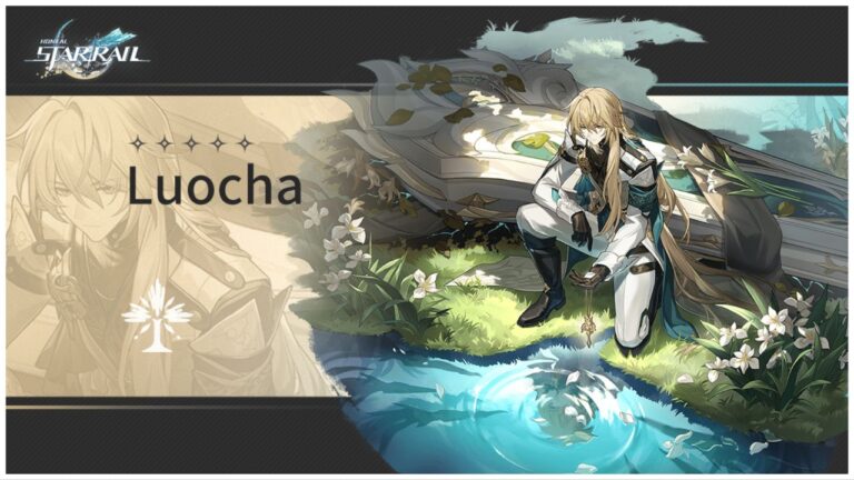 feature image for our luocha tier list, the image features official promo art for luocha as he crouches down close by to a body of water, he's holding a necklace over the water as it glows, there are flowers around him
