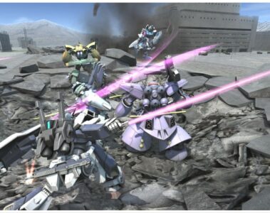 feature image for our mobile suit gundam battle operation 2 tier list, the image features a promo screenshot for the game of multiple gundam suits taking part in battle on top of debris