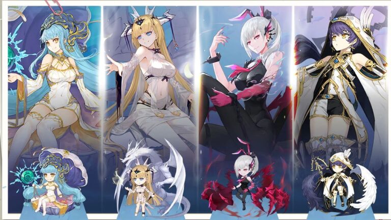 Feature image for our Nautical Apocalypse tier list. It shows 4 female characters, with smaller chibi versions of themselves.