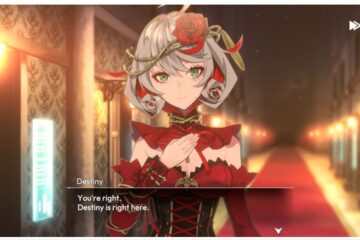 feature image for our takt op symphony tier list, the image features a promo screenshot of destiny from the game as the player interacts with her - there is a dialogue box at the bottom as destiny stands in a hallway holding her hand to her chest