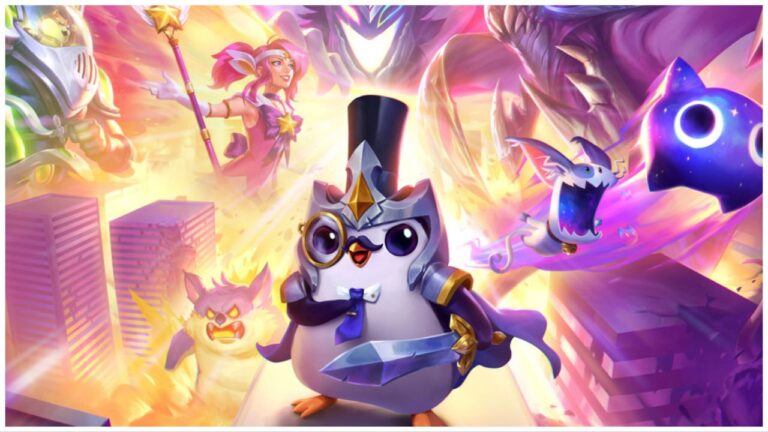 feature image for our tft legends set 9 tier list, the image features official promo art for the game of pengu wearing a monacle and armor while holding a sword, jinx is also there, with a giant wolf and buildings that have been smashed into, there are large monsters looming behind them with sharp teeth