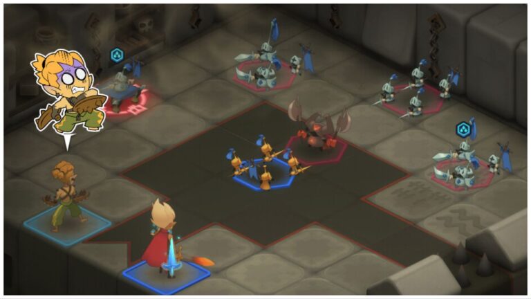 feature image for our waven tier list, the image features a promo screenshot of combat from the game, with the tactical board, some squares are lit up to show where players can move, there is also an emote being used by one of the characters that is of the character but looking scared as they hold their weapons