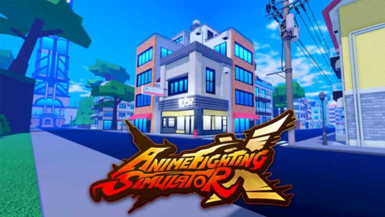 Feature image for our Anime Fighting Simulator X tier list. It shows a promo image for an in-game street corner, with the game's title in flaming letters.