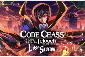 feature image for our code geass lost stories tier list, the image features promo art of lelouch crossing his arms while smirking as he is standing in what looks to be a cave while surrounded by flames, there is a cityscape in the background amidst a dark sunset