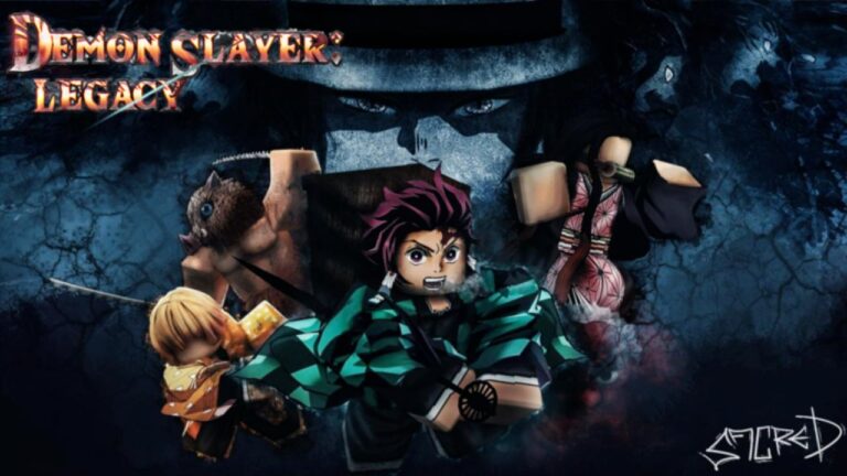 Feature image for our Demon Slayer Legacy clan tier list. It shows Roblox versions of several characters from Demon Slayer.