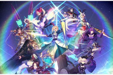feature image for our fgo buster looping tier list, the image features official promo art of some characters from the game as they wield their weapons, there is a starry sky behind them with clouds and a rainbow circle shape surrounds them