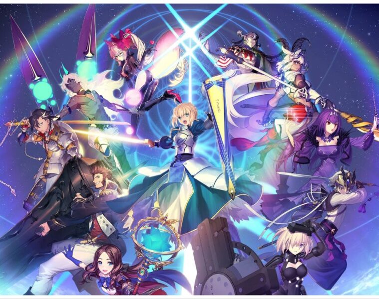 feature image for our fgo buster looping tier list, the image features official promo art of some characters from the game as they wield their weapons, there is a starry sky behind them with clouds and a rainbow circle shape surrounds them