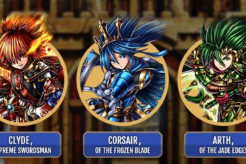 Feature image for our Grand Summoners tier list. It shows cheat-up portraits of three characters in armor.