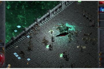 feature image for our halls of torment class tier list, the image features a screenshot of gameplay with the player approaching an enemy on a horse while holding a spear, there are other enemies approaching from all sides as water flows under the bridge