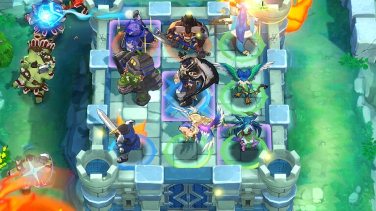 Feature image for our Defense Derby tier list. It shows an in-game screen of a hero squad on a castle-shaped board.