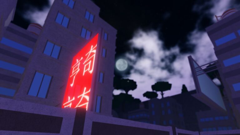Feature image for our Fire Force Online ability tier list. It shows an in-game screen with a view of the city's skyline at night, with a moon in the sky.