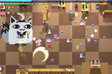 Feature image for our HoloCure weapons tier list. It shows a screenshot with a character fighting some cats on a tiled floor, a giant cat facing toward the player character.