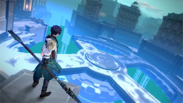 Feature image for our Honkai Star Rail Dang Heng tier list. It shows a promotional image showing Dan Heng standing on a ledge over a glowing cross-shaped platform.