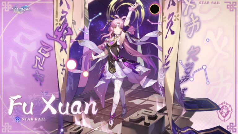 Feature image for our Honkai Star Rail Fu Xuan tier list. It shows promotional art of the purple-haired character.