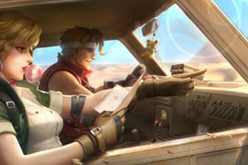 Feature image for our Metal SLug Awakening tier list. It shows two characters in the cab of a truck out in the desert.
