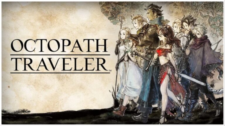 the image has a paper-tea-stained-esque background in a dingy brown. To the right are a group of characters walking towards the left with unique outfits and weaponry. On the left in thin black lettering reads "OCTOPATH TRAVELER"