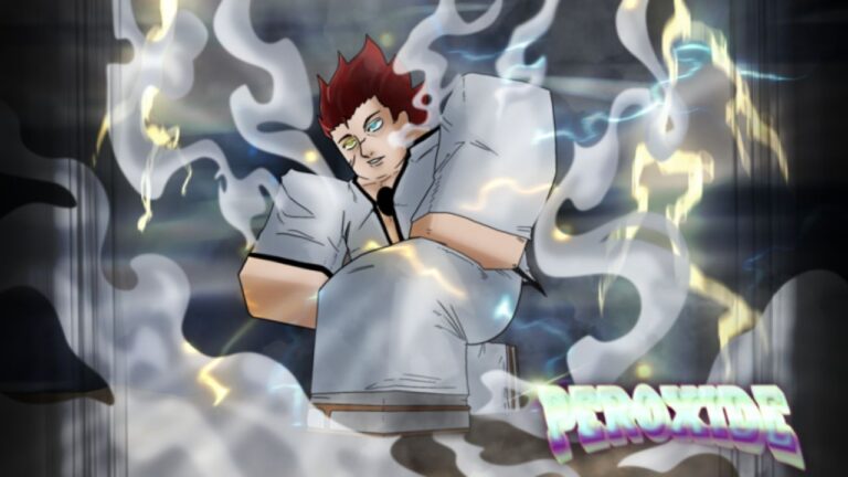 Feature image for our Peroxide Shikai tier list, showing a Roblox version of an anime character with red hair and mismatched eyes, surrounded by lightning.