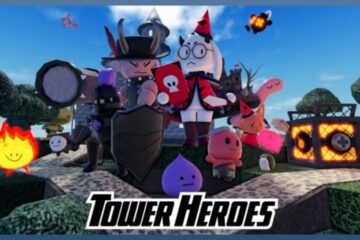 Feature image for our Tower Heroes tier list. It shows several Tower Heroes characters in a garden background.