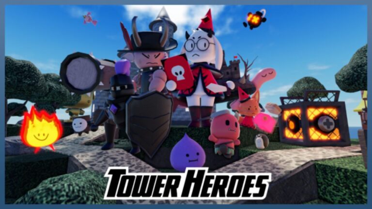 Feature image for our Tower Heroes tier list. It shows several Tower Heroes characters in a garden background.
