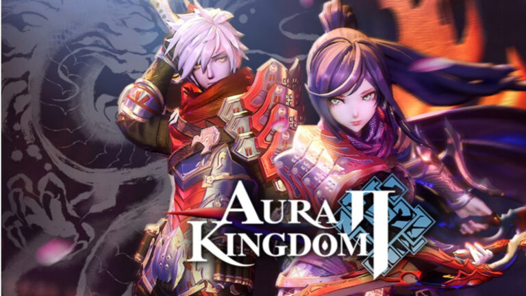 Feature imagine for our guide on Aura Kingdom 2 classes. Imagine shows a male and female character with fire behind them and the games title at the bottom.