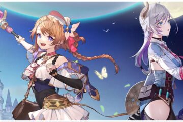 feature image for our atelier resleriana tier list, the image features promo art for the game of resna and valeria, with resna holding a staff up as she smiles and valeria looking of into the distance with a curious look on her face, there are butterflies flying behind them as well as a large moon in the sky, with the top of a castle in the distance behind resna