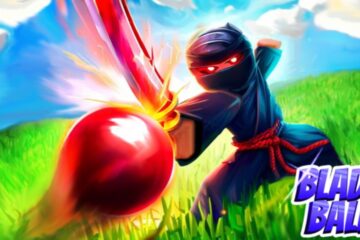 Feature image for our Blade Ball tier list. It shows a ninja character facing a flying red sphere.