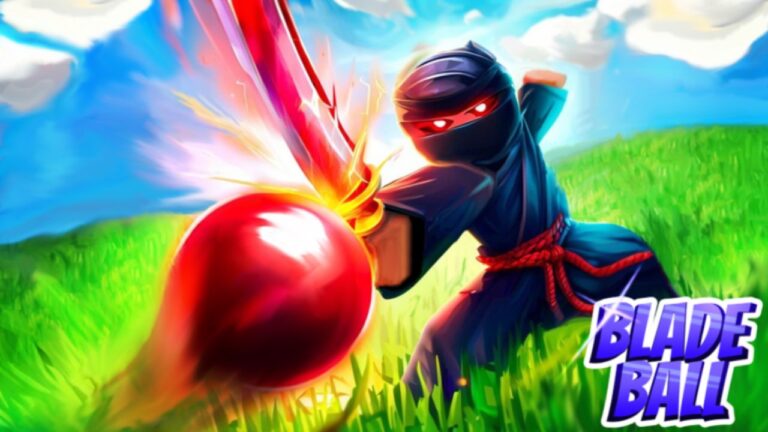 Feature image for our Blade Ball tier list. It shows a ninja character facing a flying red sphere.
