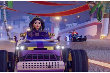 feature image for our disney speedstorm tier list, the image features a screenshot from the game of jasmine from aladdin driving a kart with large wheels as she has a determined expression on her face, the race seems to be taking part on a track inspired by the aladdin movie, gustav from beauty and the beast is driving slightly behind her to the right
