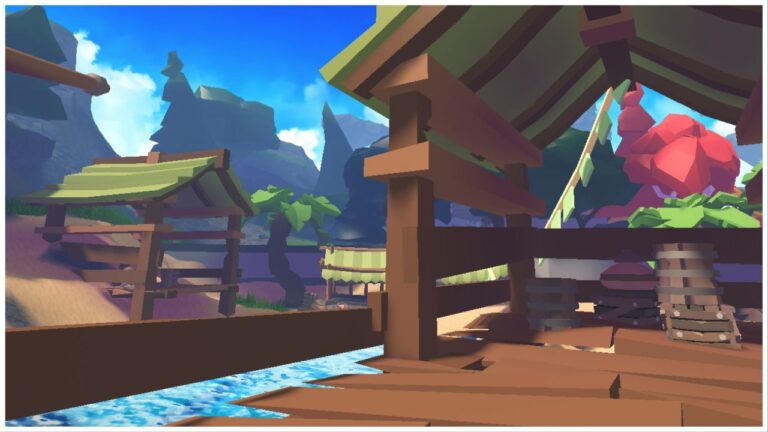 feature image for our elemental dungeons tier list, the image features a screenshot from the lobby area of wooden decking atop the ocean with tall stone mountains in the distance amongst the clouds, there are wooden barrels and random wooden boxes, with trees to the right
