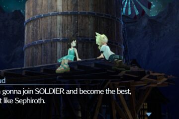 Feature image for our Final Fantasy VII: Ever Crisis cloud tier list. It shows an in-game screen of a young Cloud and Tifa talking on the Nibelheim watertower.