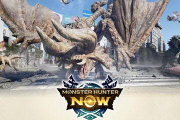 Feature image for our Monster Hunter Now tier list. It shows three monsters in a city area.