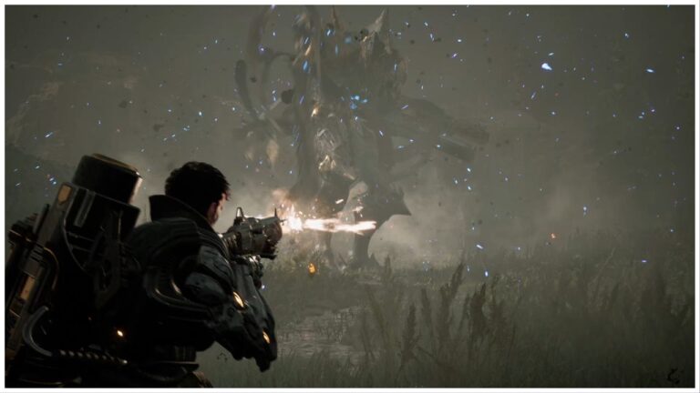 feature image for our the first descendant tier list, the image features a promo screenshot of a character holding a gun while firing it towards a large monster ahead, they are walking across grass and weeds as speckles of dust and debris fly through the air