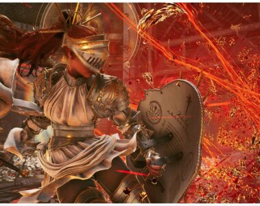 feature image for our warhaven tier list, the image features a promo photo for the game of a character with long flowing hair wearing a helmet that only covers the upper part of her face, she is wearing metal armor with a tunic as she holds a large shield in front of her to block the fire that is close by, she is also holding a sword behind her