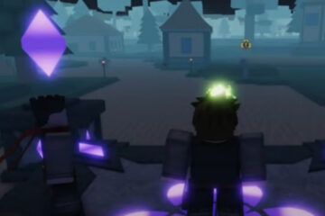 Feature image for our Clover Retribution Trait Tier List. Image shows a forest with multiple small houses, with a Roblox character stood in front of it with purple diamonds surrounding him.