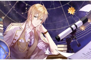 The image shows one of the male characters leaning on his fist with a telescope next to him. I'm guessing he is the looks-at-the-stars type. He's wearing a brown smart jacket with a white coat loosely draped over his shoulders