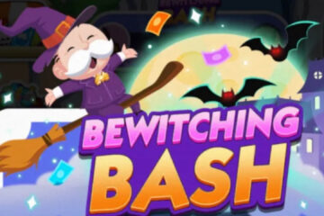 Feature image for our Bewitching Bash Monopoly GO Rewards post. Image shows a male character on a broomstick with bats flying around and a moon in the background, with the words 'Bewitching Bash' written at the bottom.