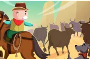 The image shows the monopoly go man atop a horse herding cattle with a grin. The westie dog that features in other illustrations for events is by the foot of the horse