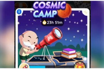 The image shows the Monopoly man looking through a telescope at the stars. The cosmic camp title is above him