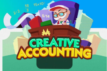 Feature image for our Monopoly GO Creative Accounting Rewards post. Image shows 'Creative Accounting' written in the centre with an animated man on a desk.