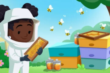 Feature image for our monopoly go buzzing beez tournament. Image shows a bee keeper in a white bee keeping outfit with bees around her.