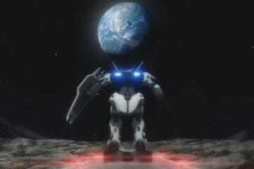 Feature image for our Mortal Suit Gundam UC tier list. Image shows a robot in space looking at Earth in the distance.