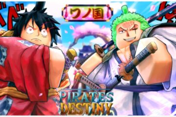 The image shows the header image for Pirates Destiny. The two characters are Luffy and Zoro in the Roblox style. Luffy is wearing a red robe whilst Zoro is wearing white and holding his iconic swords.