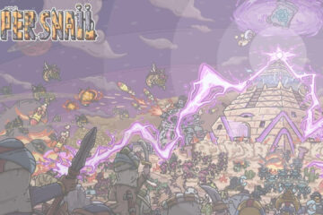 Feature for our Super Snail Gear Tier list. Image shows a pyramid with purple lightning, and lots of snails fighting.