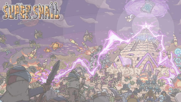 Feature for our Super Snail Gear Tier list. Image shows a pyramid with purple lightning, and lots of snails fighting.