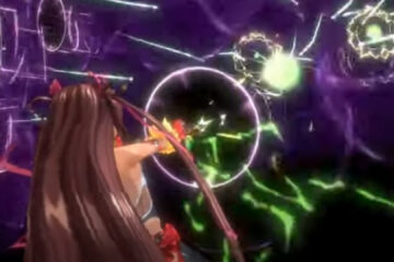 Feature image for our Taimanin RPG Tier List post. Image shows an anime girl with long brown hair shooting at a figure - green and purple lights are shooting.