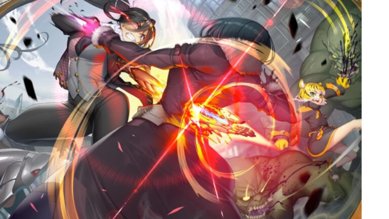Feature image for our Taimanin RPG reroll guide. Image shows an anime woman punching someone with orange lights.