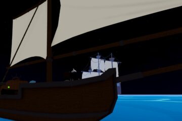 Feature image for our Blox Fruits Update 20 codes guide. It shows a player character stood on a ship at sea.